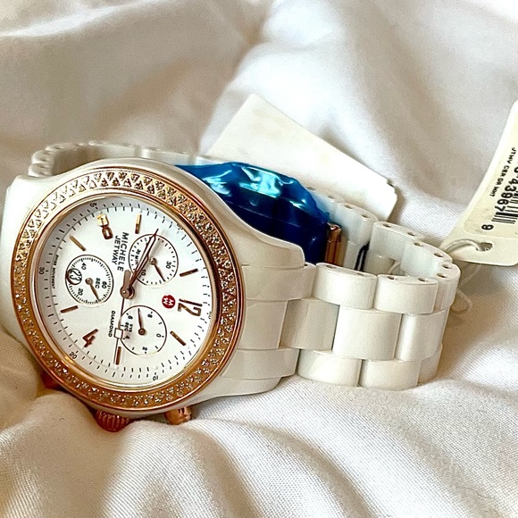 New Rose Gold Michele Diamond Jetway White Ceramic Women's Watch - Picture 4 of 8